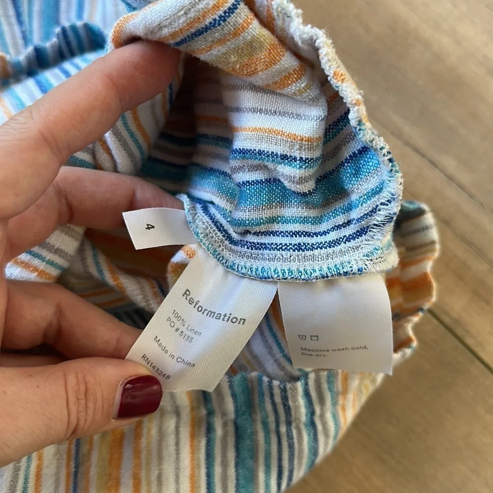 Reformation Island Linen Romper in Marbella Striped Multi Color Size 4
